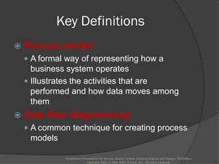Key Definitions
 Process model
 A formal way of representing how a
business system operates
 Illustrates the activities that are
performed and how data moves among
them
 Data flow diagramming
 A common technique for creating process
models
PowerPoint Presentation for Dennis, Wixom, & Roth Systems Analysis and Design, 3rd Edition
Copyright 2006 © John Wiley & Sons, Inc. All rights reserved.
 