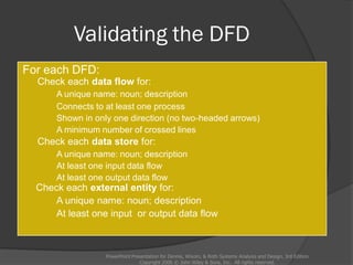 Validating the DFD
For each DFD:
Check each data flow for:
A unique name: noun; description
Connects to at least one process
Shown in only one direction (no two-headed arrows)
A minimum number of crossed lines
Check each data store for:
A unique name: noun; description
At least one input data flow
At least one output data flow
Check each external entity for:
A unique name: noun; description
At least one input or output data flow
PowerPoint Presentation for Dennis, Wixom, & Roth Systems Analysis and Design, 3rd Edition
Copyright 2006 © John Wiley & Sons, Inc. All rights reserved.
 
