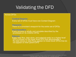 Validating the DFD
Across DFDs:
Context Diagram:
Every set of DFDs must have one Context Diagram
Viewpoint:
There is a consistent viewpoint for the entire set of DFDs
Decomposition:
Every process is wholly and complete described by the
processes on its children DFDs
Balance:
Every data flow, data store, and external entity on a higher level
DFD is shown on the lower level DFD that decomposes it
No data stores or data flows appear on lower-lever DFDs that do
not appear on their parent DFD
PowerPoint Presentation for Dennis, Wixom, & Roth Systems Analysis and Design, 3rd Edition
Copyright 2006 © John Wiley & Sons, Inc. All rights reserved.
 