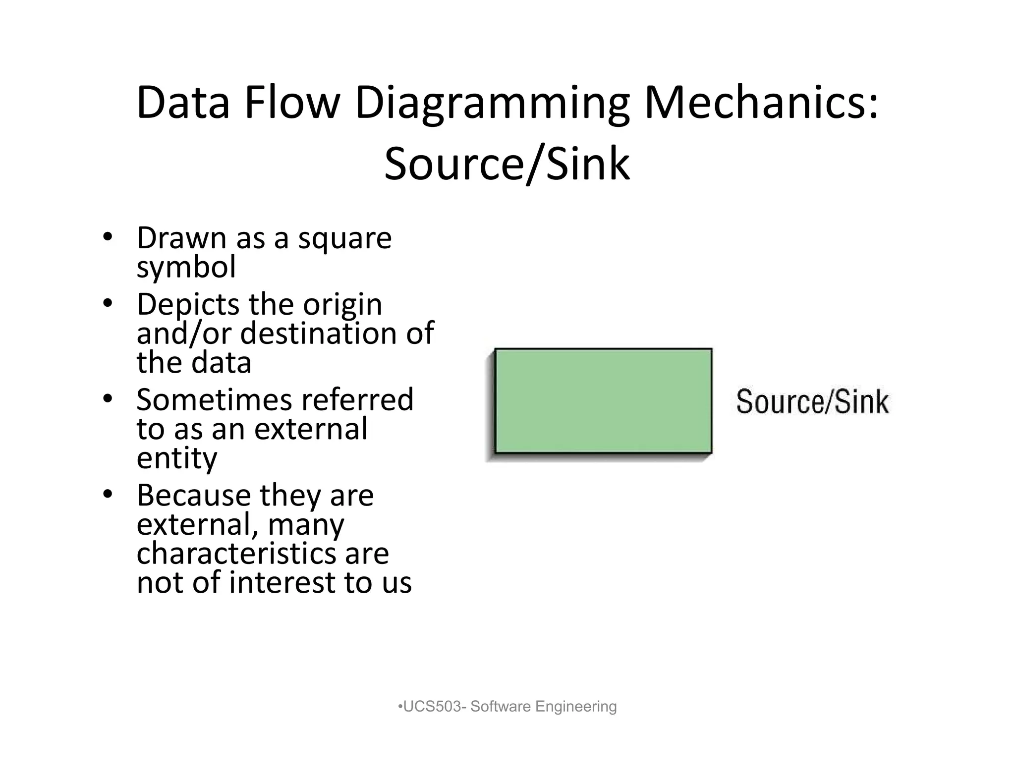 Data Flow Diagramming Mechanics:
Source/Sink
• Drawn as a square
symbol
• Depicts the origin
and/or destination of
the data
• Sometimes referred
to as an external
entity
• Because they are
external, many
characteristics are
not of interest to us
•UCS503- Software Engineering
 