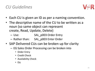 CU Guidelines

• Each CU is given an ID as per a naming convention.
• The descriptive name of the CU to be written as a
  noun (so same object can represent create, Read,
  Update, Delete)
   – Use:                SAL_p003 Order Entry
   – Rather than:        SAL_p003 Enter Order
• SAP Delivered CUs can be broken up for clarity
   – EG Sales Order Processing can be broken into
      •   Order Entry
      •   Credit Check
      •   Availability Check
      •   Etc
                                                       15
 