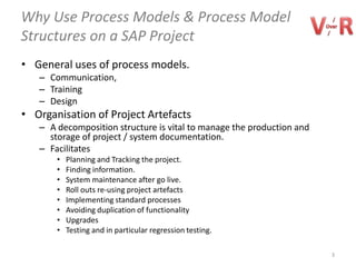 Why Use Process Models & Process Model
Structures on a SAP Project
• General uses of process models.
   – Communication,
   – Training
   – Design
• Organisation of Project Artefacts
   – A decomposition structure is vital to manage the production and
     storage of project / system documentation.
   – Facilitates
       •   Planning and Tracking the project.
       •   Finding information.
       •   System maintenance after go live.
       •   Roll outs re-using project artefacts
       •   Implementing standard processes
       •   Avoiding duplication of functionality
       •   Upgrades
       •   Testing and in particular regression testing.

                                                                       3
 