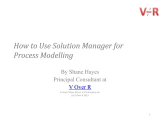 How to Use Solution Manager for
Process Modelling
              By Shane Hayes
           Principal Consultant at
                  V Over R
              Contact Shane.Hayes at Clickinquiry.net
            See blog at http://solmanhpqc.wordpress.com/
                           (c) V Over R 2013




                                                           1
 
