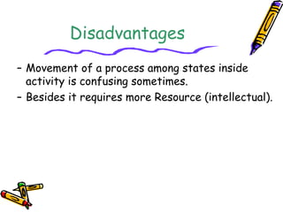 Disadvantages 
– Movement of a process among states inside 
activity is confusing sometimes. 
– Besides it requires more Resource (intellectual). 
 