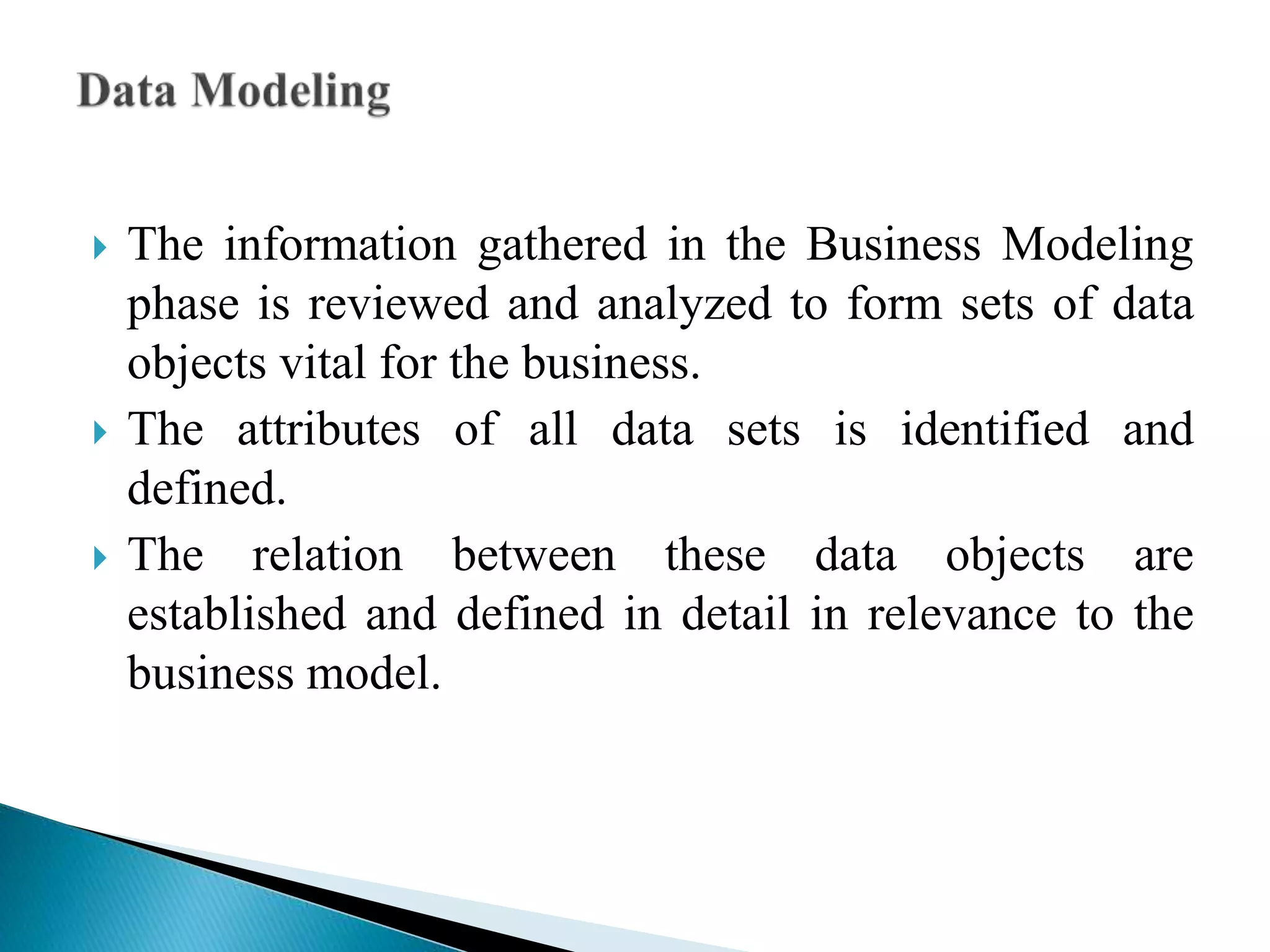  The information gathered in the Business Modeling
phase is reviewed and analyzed to form sets of data
objects vital for the business.
 The attributes of all data sets is identified and
defined.
 The relation between these data objects are
established and defined in detail in relevance to the
business model.
 