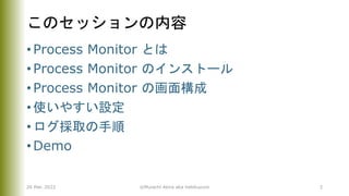 このセッションの内容
• Process Monitor とは
• Process Monitor のインストール
• Process Monitor の画面構成
• 使いやすい設定
• ログ採取の手順
• Demo
26 Mar. 2022 ©Murachi Akira aka hebikuzure 3
 