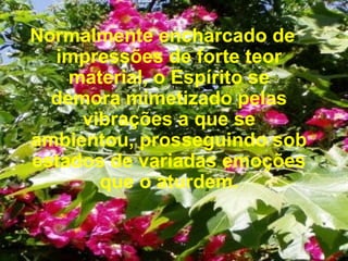 Normalmente encharcado de impressões de forte teor material, o Espírito se demora mimetizado pelas vibrações a que se ambientou, prosseguindo sob estados de variadas emoções que o aturdem. 