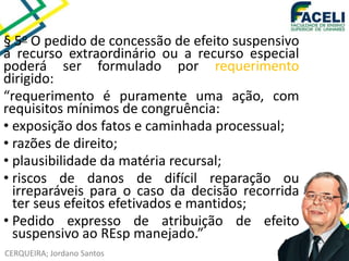 CERQUEIRA; Jordano Santos
§ 5o O pedido de concessão de efeito suspensivo
a recurso extraordinário ou a recurso especial
poderá ser formulado por requerimento
dirigido:
“requerimento é puramente uma ação, com
requisitos mínimos de congruência:
• exposição dos fatos e caminhada processual;
• razões de direito;
• plausibilidade da matéria recursal;
• riscos de danos de difícil reparação ou
irreparáveis para o caso da decisão recorrida
ter seus efeitos efetivados e mantidos;
• Pedido expresso de atribuição de efeito
suspensivo ao REsp manejado.”
 
