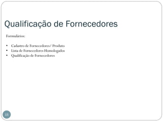 Qualificação de Fornecedores
Formulários:

• Cadastro de Fornecedores/ Produto
• Lista de Fornecedores Homologados
• Qualificação de Fornecedores

15

 