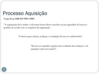 Processo Aquisição
O que há na NBR ISO 9001:2008?
“ A organização deve avaliar e selecionar fornecedores com base na sua capacidade de fornecer
produto de acordo com os requisitos da organização.
“Critérios para seleção, avaliação e reavaliação devem ser estabelecidos”.

“Devem ser mantidos registros dos resultados das avaliações e de
quaisquer ações necessárias”.

3

 