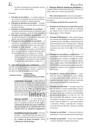 4
                                                                                                     Processo Civil
    -	   Os pólos da demanda são integrados não por           c)	 Processo (Meio de atuação da Jurisdição) →
         partes, mas por interessados.                        relação jurídica existente entre autor, juiz e réu que visa
                                                              apurar quem tem o direito (decisão final).
Princípios:
                                                              	 Obs. Autos do processo (é o processo em papel) →
a)	 Princípio da investidura → os sujeitos legitima-          é a materialização física (em papéis) da relação jurídica
    dos a exercer a jurisdição são os Juizes de Direito,
                                                              processual.
    legalmente investidos na função judicante.
                                                              1.3. Princípios do Direito Processual Civil:
b)	 Princípio da aderência ao território → O poder
    jurisdicional deve ser exercido dentro dos limites
    territoriais do país.                                     a)	 Princípio do devido processo legal (Due process
c)	 Princípio da indelegabilidade da jurisdição →                 of law) → alguém somente poder ser condenado
    A função jurisdicional não pode ser delegada, seja            por alguma coisa se houver um processo prévio
    para órgãos integrantes ou não do Poder Judiciário.           que se apure os fatos alegados.
d)	 Princípio da inevitabilidade da jurisdição → A
    decisão proferida pelo Poder Judiciário afeta todos       b)	 Princípio do Juiz natural → Não se pode designar
    aqueles que participaram do processo.                         juiz somente para decidir determinadas questões. A
e)	 Princípio da inafastabilidade da jurisdição → A               competência para a decisão é estabelecida pela lei
    jurisdição é um poder latente, ou seja, está sempre           antes da prática do fato. Ex. Não pode o Tribunal
    a disposição daquele que pleiteia a sua intervenção.          designar um juiz para decidir sobre a anulação do
f)	 Princípio do Juiz natural → todos os litígios
                                                                  casamento por estar envolvendo LULA e Dona
    devem ser solucionados por juízes cuja atribuição
                                                                  Marisa.
    deve estar previamente estabelecida pelas regras
    de competência. Assim, verificam-se 2 efeitos:
    -	 Veda-se a criação dos tribunais de exceção;            c)	 Principio do contraditório e ampla defesa → O
    -	 Veda-se a escolha de juízes para solucionar a              contraditório (INFORMAÇÃO) é a informação
         lide, garantindo a prestação da tutela jurisdi-          concedida a parte contrária a respeito da existên-
         cional por juiz independente e imparcial.                cia de um processo ou de um ato praticado dentro
                                                                  deste. Ampla defesa (POSSIBILIDADE DE SE
b)	 Ação (Meio de pedir algo ao Judiciário) → meio                DEFENDER) é a garantia dada ao processado de se
utilizado pelos interessados de provocar o Judiciário             defender por todos os meios de provas permitidas
para que este decida quem tem o direito. As partes as-            pelo Direito.
sim agem por meio da petição inicial (vide).
                                                              d)	 Principio da vedação da prova ilícita → é proi-
                                                                  bida pelo direito a utilização de provas obtidas
                                                                  por meios ilícitos (que violem o Direito). Ex. tes-
    -	   Legitimidade ad causam → para exercer o                  temunha ameaçada, escuta telefônica clandestina
         direito de ação o autor deve ser o suposto titular       (sem a autorização do Poder Judiciário) etc.
         do direito material alegado e o réu deve possuir
         algum vínculo de submissão a este direito ale-       e)	 Principio da publicidade → em regra o processo
         gado pelo autor. Ex. Filho que ingressa com              deve ser público. Exceção a publicidade se chama
         uma ação de cobrança em nome do pai. Ex.2                segredo de justiça, uma vez que a lei pode deter-
         Ação de reintegração de posse proposta contra            minar que alguns atos corram sem a possibilidade
         caseiro e não contra o verdadeiro invasor.               do conhecimento público. Ex. CPC, art. 155: “Os
                                                                  atos processuais são públicos. Correm, todavia,
    -	   Interesse jurídico → é a necessidade do                  em segredo de justiça os processos: I – em que o
         indivíduo pleitear a intervenção do Estado               exigir o interesse público; II – que dizem respeito
         para ver cumprido um direito seu. Ex. Após o
                                                                  a casamento, filiação, separação dos cônjuges,
         vencimento da dívida nasce para o indivíduo
                                                                  conversão desta em divórcio, alimentos e guarda
         interesse jurídico de ver o Estado intervir na
         relação e fazer ser cumprido o pagamento.                de menores.

    -	   Possibilidade Jurídica do pedido (e da causa         f)	 Principio da celeridade → O processo judicial e
         de pedir) → O pedido pleiteado pelo autor e réu          administrativo deve ter tempo razoável de duração.
         deve ser permitido pelo ordenamento jurídico.
    -	   Ex. Compra de droga estragada. / Ex.2                g)	 Principio da igualdade → O juiz deve dispensar
         Cobrança de dívida de jogo.                              o mesmo tratamento às partes processuais.
 