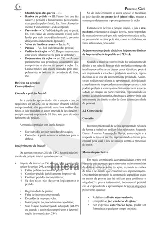 6
                                                                                               Processo Civil
    •	   Identificação das partes → II;                   	 Se do indeferimento o autor apelar, é facultado
    •	   Razões do pedido → III. Fatos (fato que fez      ao juiz decidir, no prazo de 5 (cinco) dias, mudar a
         nascer o pedido) e fundamentos (conseqüên-       sentença e determinar o prosseguimento da ação
         cias geradas pelos fatos); Ex. Fato: Atropela-
         mento; Fundamento: Lesão corporal;               	 Estando sem defeito a petição inicial, o juiz a des-
    •	   Pretensão → IV. Pedido (Aquilo que se quer);     pachará, ordenando a citação do réu, para responder;
         Ex. Em razão do atropelamento (fato) sofri
                                                          do mandado constará que, não sendo contestada a ação,
         lesões por todo corpo (fundamento), portanto
                                                          se presumirão aceitos pelo réu, como verdadeiros, os
         desejo uma indenização (pedido);
    •	   Valor atribuído a causa → Inciso V;              fatos articulados pelo autor.
    •	   Provas → VI. Rol indicativo das provas;
    •	   Pedido de citação → VII.Requerimento para        Julgamento antecipado da lide ou julgamento liminar
         citar o réu (chamar o réu para se defender).     de improcedência do pedido art.285 - A:
    •	   Documentos da ação → art.283 → Acom-
         panhamento dos principais documentos que         	 Quando a matéria controvertida for unicamente de
         comprovem o direito de propor a ação. Ex.        direito e no juízo já houver sido proferida sentença de
         Laudo médico das lesões causadas pelo atro-      total improcedência em outros casos idênticos, poderá
         pelamento, o boletim de ocorrência do fato,      ser dispensada a citação e proferida sentença, repro-
         etc.                                             duzindo-se o teor da anteriormente prolatada. Assim,
                                                          se um pedido equivalente ao apresentado já foi julgado
Defeitos na petição:
                                                          completamente improcedente em outro processo, o juiz
Conseqüências:
                                                          poderá proferir a sentença imediatamente sem a neces-
Emenda a petição Inicial:                                 sidade de citação da parte contrária, reproduzindo os
                                                          termos da decisão anterior, desde que a controvérsia seja
	 Se a petição apresentada não cumprir com os             unicamente de direito e não de fatos (desnecessidade
requisitos do art.282 ou se mostrar obscura (difícil      de provas).
compreensão), não permitindo uma boa análise dos
fatos, o juiz mandará o autor emendá-la (esclarecer /     2.2	Contestação
complementar) no prazo de 10 dias, sob pena de inde-
ferimento do pedido.                                      Conceito

	   A emenda à petição tem dupla função:                  	 Instituto processual de defesa apresentado pelo réu
                                                          de forma a resistir ao pedido feito pelo autor. Segundo
    •	   Dar subsídio ao juiz para decidir a ação;
                                                          Daniel Amorim Assumpção Neves, contestação é a
    •	   Conceder a parte contrária subsídios para a
                                                          resposta defensiva do réu, representando a forma pro-
         defesa.
                                                          cessual pela qual o réu se insurge contra a pretensão
Indeferimento da inicial:                                 do autor.

	 De acordo com o art.295 do CPC, haverá indeferi-        Momento preclusivo
mento da petição inicial quando ocorrer:
                                                          	 Em razão do princípio da eventualidade, o réu terá
•	 Inépcia da inicial → De acordo com o parágrafo         somente este momento para apresentar todas as matérias
    único do artigo 295, a petição será inepta quando:    de defesa contra o autor da ação, expondo as razões
    √	 Faltar pedido ou causa de pedir;                   de fato e de direito que constitui tais argumentações.
    √	 Contiver pedido juridicamente impossível;          Deve também por meio da contestação especificar todos
    √	 Contiver pedidos incompatíveis;                    os meios de provas que irá utilizar para confirmar o
    √	 Se dos fatos não decorrer logicamente o
                                                          alegado (Ex. prova testemunhal, documental, pericial
        pedido.
                                                          etc. A lei possibilita a apresentação de novas alegações
    •	   Ilegitimidade de partes;                         posteriores quando:
    •	   Falta de interesse processual;
    •	   Decadência ou prescrição;                            •	   Relativas a direito superveniente;
    •	   Inadequação do procedimento escolhido;               •	   Competir ao juiz conhecer de ofício;
    •	   Não fixação do endereço do advogado (art.39)         •	   Por expressa autorização legal, puder ser
         ou quando o autor não cumprir com a determi-              formulada a qualquer tempo ou juízo.
         nação de emenda (art.284).
 