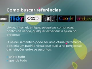 Como buscar referências


Livros, internet, amigos, pesquisas compradas,
pontos de venda, qualquer experiência ajuda no
processo.

O painel semântico pode ser uma ótima ferramenta,
pois cria um padrão visual que auxilia na percepção
das relações entre os assuntos.

» anote tudo
» guarde tudo
 