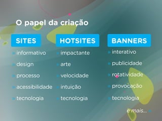 O papel da criação

 SITES            HOTSITES       BANNERS
» informativo    » impactante   » interativo

» design         » arte         » publicidade

» processo       » velocidade   » rotatividade

» acessibilidade » intuição     » provocação

» tecnologia     » tecnologia   » tecnologia

                                        e mais... »
 
