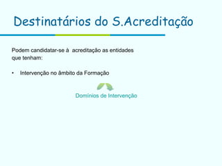 Destinatários do S.Acreditação  Podem candidatar-se à  acreditação as entidades que tenham: Intervenção no âmbito da Formação Domínios de Intervenção 