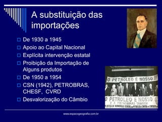 A substituição das
importações
 De 1930 a 1945

 Apoio ao Capital Nacional
 Explícita intervenção estatal
 Proibição da Importação de

Alguns produtos
 De 1950 a 1954
 CSN (1942), PETROBRAS,
CHESF, CVRD
 Desvalorização do Câmbio
www.espacogeografia.com.br

 