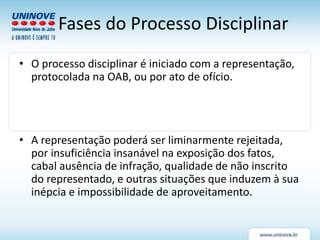 Fases do Processo Disciplinar
• O processo disciplinar é iniciado com a representação,
protocolada na OAB, ou por ato de ofício.
• A representação poderá ser liminarmente rejeitada,
por insuficiência insanável na exposição dos fatos,
cabal ausência de infração, qualidade de não inscrito
do representado, e outras situações que induzem à sua
inépcia e impossibilidade de aproveitamento.
 