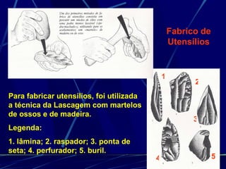 1 2 3 4 5 Para fabricar utensílios, foi utilizada a técnica da Lascagem com martelos de ossos e de madeira.  Legenda: 1. lâmina; 2. raspador; 3. ponta de seta; 4. perfurador; 5. buril. Fabrico de Utensílios 
