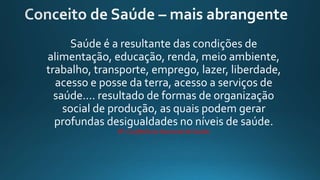 Saúde é a resultante das condições de
alimentação, educação, renda, meio ambiente,
trabalho, transporte, emprego, lazer, liberdade,
acesso e posse da terra, acesso a serviços de
saúde.... resultado de formas de organização
social de produção, as quais podem gerar
profundas desigualdades no níveis de saúde.
8º. Conferência Nacional de Saúde
 