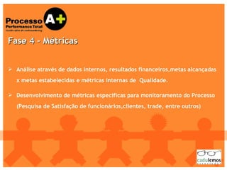 Análise através de dados internos, resultados financeiros,metas alcançadas x metas estabelecidas e métricas internas de  Qualidade. Desenvolvimento de métricas específicas para monitoramento do Processo (Pesquisa de Satisfação de funcionários, clientes, trade,   entre outros ) Fase 4 - Métrica s   