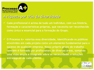 A riqueza por trás da diversidade Cada profissional é acima de tudo um indivíduo, com sua história, formação e características próprias, que necessita ser reconhecido como único e essencial para a formação do Grupo. O Processo A+ valoriza essa diversidade, identificando os públicos envolvidos em cada projeto como um elemento fundamental para o sucesso de qualquer empresa. Nosso próprio grupo de trabalho também é formado por profissionais de diversas áreas, somando uma visão ampla e integrada sobre as necessidades e soluções estratégicas de cada cliente.   