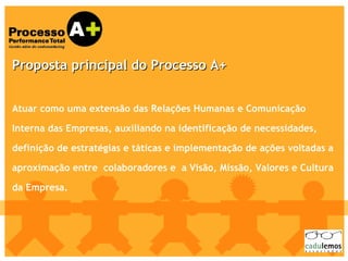 Proposta principal do Processo A+ Atuar como uma extensão das Relações Humanas e Comunicação Interna das Empresas, auxiliando na identificação de necessidades, definição de estratégias e táticas e implementação de ações voltadas a aproximação entre  colaboradores e  a Visão, Missão, Valores e Cultura da Empresa. 