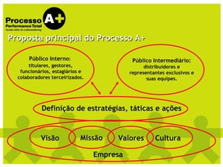 Visão Missão Valores Cultura Definição de estratégias, táticas e ações Público Interno :  titulares, gestores, funcionários, estagiários e colaboradores terceirizados. Público Intermediário:  distribuidores e representantes exclusivos e suas equipes. Empresa Proposta principal do Processo A+ 