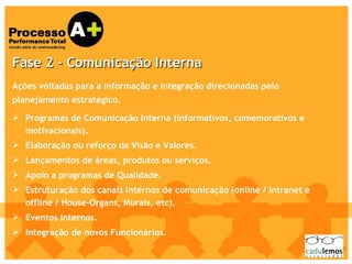 Ações voltadas para a informação e integração direcionadas pelo planejamento estratégico. Programas de Comunicação Interna (informativos, comemorativos e motivacionais). Elaboração ou reforço da Visão e Valores. Lançamentos de áreas, produtos ou serviços. Apoio a programas de Qualidade. Estruturação dos canais internos de comunicação (online / Intranet e offline / House-Organs, Murais, etc). Eventos Internos. Integração de novos Funcionários.  Fase 2 - Comunicação Interna 