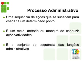 Processo Administrativo
 Uma sequência de ações que se sucedem para
chegar a um determinado ponto.
 É um meio, método ou maneira de conduzir
ações/atividades
 É o conjunto de sequência das funções
administrativas
 