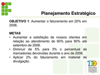 Planejamento Estratégico
OBJETIVO 1: Aumentar o faturamento em 20% em
2006.
METAS
• Aumentar a satisfação de nossos clientes em
relação ao atendimento de 60% para 90% até
setembro de 2006.
• Diminuir de 5% para 3% o percentual de
mercadorias devolvidas durante o ano de 2006.
• Aplicar 2% do faturamento em material de
divulgação.
 