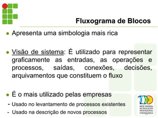 Fluxograma de Blocos
 Apresenta uma simbologia mais rica
 Visão de sistema: É utilizado para representar
graficamente as entradas, as operações e
processos, saídas, conexões, decisões,
arquivamentos que constituem o fluxo
 É o mais utilizado pelas empresas
- Usado no levantamento de processos existentes
- Usado na descrição de novos processos
 