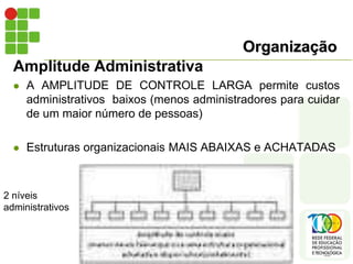Organização
Amplitude Administrativa
 A AMPLITUDE DE CONTROLE LARGA permite custos
administrativos baixos (menos administradores para cuidar
de um maior número de pessoas)
 Estruturas organizacionais MAIS ABAIXAS e ACHATADAS
2 níveis
administrativos
 