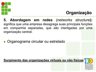 Organização
5. Abordagem em redes (networks structure):
significa que uma empresa desagrega suas principais funções
em companhia separadas, que são interligadas por uma
organização central.
 Organograma circular ou estrelado
Surgimento das organizações virtuais ou não físicas
 
