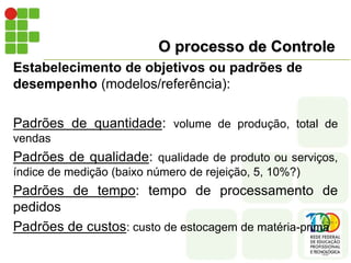 O processo de Controle
Estabelecimento de objetivos ou padrões de
desempenho (modelos/referência):
Padrões de quantidade: volume de produção, total de
vendas
Padrões de qualidade: qualidade de produto ou serviços,
índice de medição (baixo número de rejeição, 5, 10%?)
Padrões de tempo: tempo de processamento de
pedidos
Padrões de custos: custo de estocagem de matéria-prima
 