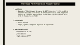 ✓ Legislação
– Decreto n.º 70.235, de 6 de março de 1972, Decreto n.º 7.574, de 29 de
setembro de 2011, Lei nº 9.430, de 27 de dezembro de 1996, Regimento
Interno do Conselho Administrativo de Recursos Fiscais (Portaria MF n.º
343, de 9 de junho de 2015)
✓ Impugnação
– Prazo: 30 dias.
– Órgão julgador: Delegacias Regionais de Julgamento.
✓ Recurso Voluntário:
- contra decisão da DRJ
- prazo: 30 dias
- Órgão julgador: CARF
Processo Administrativo Fiscal Federal
 