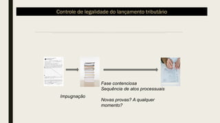 Impugnação
Fase contenciosa
Sequência de atos processuais
Novas provas? A qualquer
momento?
Controle de legalidade do lançamento tributário
 