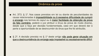 Dinâmica da prova
■ Art. 373. § 1º. Nos casos previstos em lei ou diante de peculiaridades da
causa relacionadas à impossibilidade ou à excessiva dificuldade de cumprir
o encargo nos termos do caput ou à maior facilidade de obtenção da prova
do fato contrário, poderá o juiz atribuir o ônus da prova de modo diverso,
desde que o faça por decisão fundamentada, caso em que deverá dar à
parte a oportunidade de se desincumbir do ônus que lhe foi atribuído.
■ § 2º. A decisão prevista no § 1º deste artigo não pode gerar situação em
que a desincumbência do encargo seja impossível ou excessivamente difícil.
 