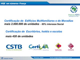 HQE em números- França




   Certificação de Edifícios Multfamiliares e de Moradias
   mais 2.000.000 de unidades - 85% interesse Social

    Certificação de Escritórios, hotéis e escolas
    mais 420 de unidades




                           Processo AQUA   bruno.casagrande@vanzolinicert.org.br
 