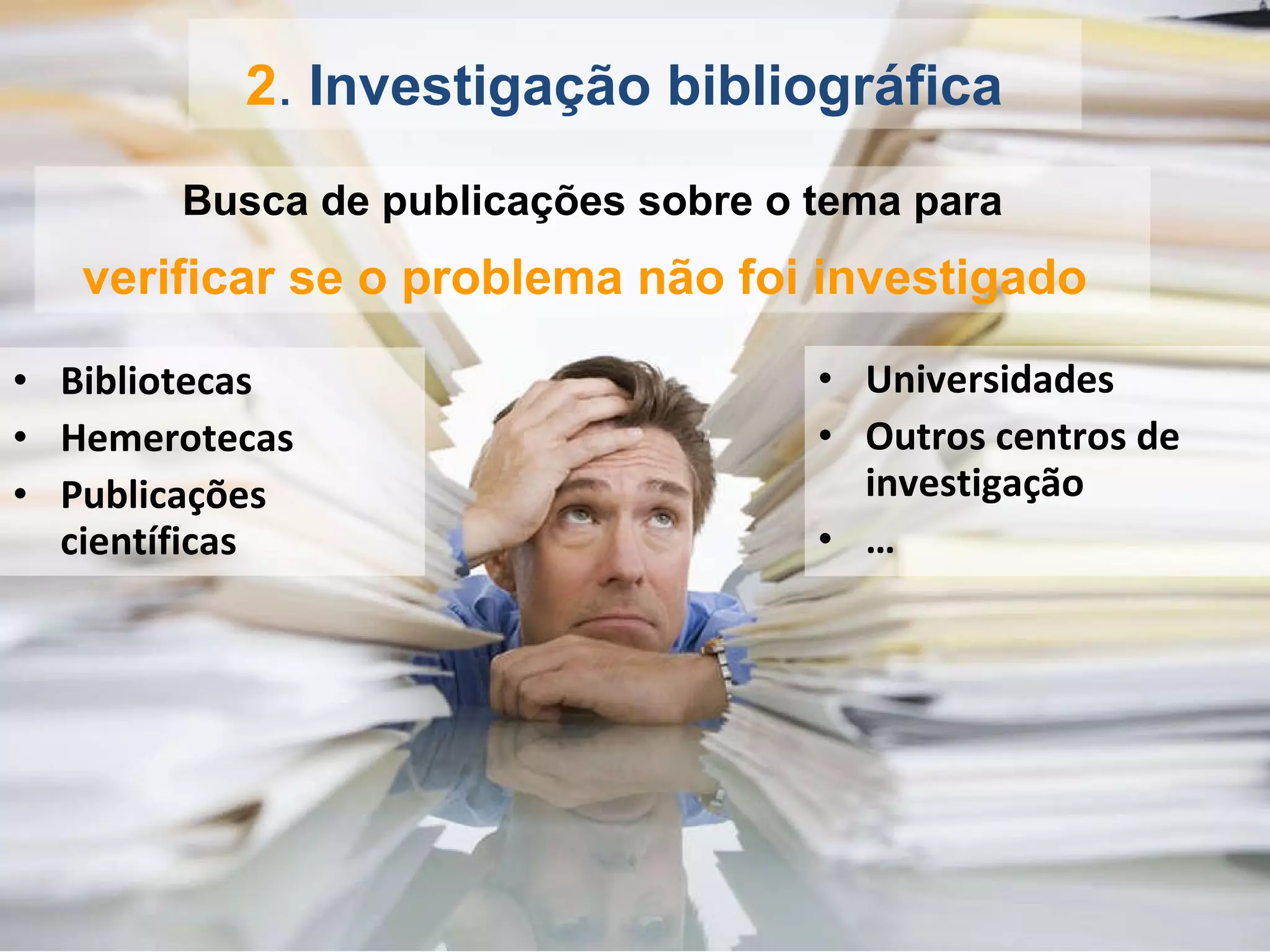 Bibliotecas Hemerotecas Publicações científicas Universidades Outros centros de investigação … 2 .  Investigação bibliográfica   Busca de publicações sobre o tema para verificar se o problema não foi investigado   