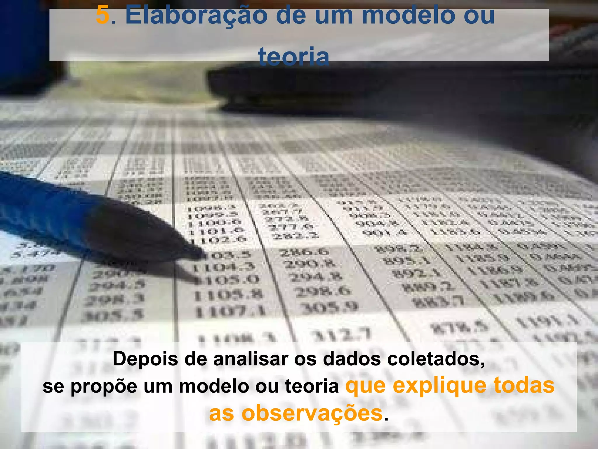 5 .  Elaboração de um modelo ou  teoria   Depois de analisar os dados coletados, se propõe um modelo ou teoria   que explique todas as observações . 
