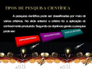 A pesquisa científica pode ser classificadas por meio de vários critérios. No slide anterior o critério foi a aplicação do conhecimento produzido. Segundo os objetivos gerais a pesquisa pode ser: TIPOS DE PESQUISA CIENTÍFICA 