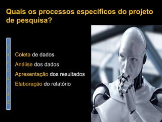 Quais os processos específicos do projeto de pesquisa?  Coleta  de dados Análise  dos dados Apresentação  dos resultados Elaboração  do relatório 