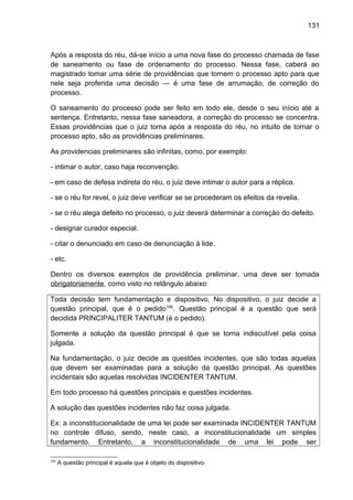 131
Após a resposta do réu, dá-se início a uma nova fase do processo chamada de fase
de saneamento ou fase de ordenamento do processo. Nessa fase, caberá ao
magistrado tomar uma série de providências que tornem o processo apto para que
nele seja proferida uma decisão — é uma fase de arrumação, de correção do
processo.
O saneamento do processo pode ser feito em todo ele, desde o seu início até a
sentença. Entretanto, nessa fase saneadora, a correção do processo se concentra.
Essas providências que o juiz toma após a resposta do réu, no intuito de tornar o
processo apto, são as providências preliminares.
As providencias preliminares são infinitas, como, por exemplo:
- intimar o autor, caso haja reconvenção.
- em caso de defesa indireta do réu, o juiz deve intimar o autor para a réplica.
- se o réu for revel, o juiz deve verificar se se procederam os efeitos da revelia.
- se o réu alega defeito no processo, o juiz deverá determinar a correção do defeito.
- designar curador especial.
- citar o denunciado em caso de denunciação à lide.
- etc.
Dentro os diversos exemplos de providência preliminar, uma deve ser tomada
obrigatoriamente, como visto no retângulo abaixo:
Toda decisão tem fundamentação e dispositivo. No dispositivo, o juiz decide a
questão principal, que é o pedido105
. Questão principal é a questão que será
decidida PRINCIPALITER TANTUM (é o pedido).
Somente a solução da questão principal é que se torna indiscutível pela coisa
julgada.
Na fundamentação, o juiz decide as questões incidentes, que são todas aquelas
que devem ser examinadas para a solução da questão principal. As questões
incidentais são aquelas resolvidas INCIDENTER TANTUM.
Em todo processo há questões principais e questões incidentes.
A solução das questões incidentes não faz coisa julgada.
Ex: a inconstitucionalidade de uma lei pode ser examinada INCIDENTER TANTUM
no controle difuso, sendo, neste caso, a inconstitucionalidade um simples
fundamento. Entretanto, a inconstitucionalidade de uma lei pode ser
105
A questão principal é aquela que é objeto do dispositivo.
 