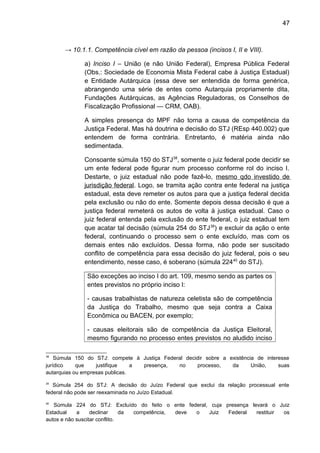 47
→ 10.1.1. Competência cível em razão da pessoa (incisos I, II e VIII).
a) Inciso I – União (e não União Federal), Empresa Pública Federal
(Obs.: Sociedade de Economia Mista Federal cabe à Justiça Estadual)
e Entidade Autárquica (essa deve ser entendida de forma genérica,
abrangendo uma série de entes como Autarquia propriamente dita,
Fundações Autárquicas, as Agências Reguladoras, os Conselhos de
Fiscalização Profissional — CRM, OAB).
A simples presença do MPF não torna a causa de competência da
Justiça Federal. Mas há doutrina e decisão do STJ (REsp 440.002) que
entendem de forma contrária. Entretanto, é matéria ainda não
sedimentada.
Consoante súmula 150 do STJ38
, somente o juiz federal pode decidir se
um ente federal pode figurar num processo conforme rol do inciso I.
Destarte, o juiz estadual não pode fazê-lo, mesmo qdo investido de
jurisdição federal. Logo, se tramita ação contra ente federal na justiça
estadual, esta deve remeter os autos para que a justiça federal decida
pela exclusão ou não do ente. Somente depois dessa decisão é que a
justiça federal remeterá os autos de volta à justiça estadual. Caso o
juiz federal entenda pela exclusão do ente federal, o juiz estadual tem
que acatar tal decisão (súmula 254 do STJ39
) e excluir da ação o ente
federal, continuando o processo sem o ente excluído, mas com os
demais entes não excluídos. Dessa forma, não pode ser suscitado
conflito de competência para essa decisão do juiz federal, pois o seu
entendimento, nesse caso, é soberano (súmula 22440
do STJ).
São exceções ao inciso I do art. 109, mesmo sendo as partes os
entes previstos no próprio inciso I:
- causas trabalhistas de natureza celetista são de competência
da Justiça do Trabalho, mesmo que seja contra a Caixa
Econômica ou BACEN, por exemplo;
- causas eleitorais são de competência da Justiça Eleitoral,
mesmo figurando no processo entes previstos no aludido inciso
38
Súmula 150 do STJ: compete à Justiça Federal decidir sobre a existência de interesse
jurídico que justifique a presença, no processo, da União, suas
autarquias ou empresas publicas.
39
Súmula 254 do STJ: A decisão do Juízo Federal que exclui da relação processual ente
federal não pode ser reexaminada no Juízo Estadual.
40
Súmula 224 do STJ: Excluído do feito o ente federal, cuja presença levará o Juiz
Estadual a declinar da competência, deve o Juiz Federal restituir os
autos e não suscitar conflito.
 
