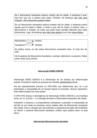 91
Se o litisconsorte necessário passivo unitário não for citado, a sentença é nula,
pois tem que ser a mesma para todos. Portanto, tal sentença não vale para
ninguém, não produzindo qualquer efeito.
Se um litisconsorte necessário passivo simples não for citado, a sentença contra
aquele que foi citado é válida; e contra o que não foi citado, é ineficaz. Aqui, o
litisconsórcio é simples, de modo que pode haver decisão diferente para cada
litisconsorte. Logo, tal sentença tem valor para alguém e por isso opera efeitos.
Necessário Unitário
Facultativo Simples
No gráfico acima, só não existe litisconsórcio necessário ativo. O resto tem de
tudo.
Há 3 espécies de litisconsórcio facultativo: eventual, alternativo e sucessivo. Estes
serão vistos mais à frente.
Intervenção IUSSU IUDICIS.
Intervenção IUSSU IUDICIS é a intervenção de um terceiro por determinação
judicial. O terceiro é trazido ao processo por decisão estritamente judicial.
Era ela expressamente prevista no CPC/1939, que determinava que, se o juiz
entendesse a necessidade de um terceiro figurar no processo, deveria ingressá-lo.
Essa determinação era muito ampla.
O CPC/1973 reduziu a abrangência da Intervenção IUSSU IUDICIS a uma hipótese
única: art. 47, § único — é a situação de trazer o litisconsorte necessário não citado.
Entretanto, a doutrina e a jurisprudência começaram a perceber a necessidade de
permitir ao juiz trazer ao processo outros sujeitos além do litisconsorte necessário
não citado, como o cônjuge que não autorizou a propositura da ação real imobiliária;
ou intimar o possível litisconsorte facultativo unitário (que poderia atuar no polo
ativo).
Intervenção litisconsorcial voluntária
 