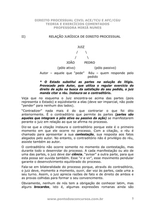 DIREITO PROCESSUAL CIVIL ACE/TCU E AFC/CGU
             TEORIA E EXERCÍCIOS COMENTADOS
                 PROFESSORA MIRIÃ NUNES

II)              RELAÇÃO JURÍDICA DE DIREITO PROCESSUAL


                                        JUIZ
                                        /      
                                    /              
                             JOÃO           PEDRO
                       (pólo ativo)                    (pólo passivo)
           Autor – aquele que “pede”               Réu – quem responde pelo
                                                   pedido
           * O Estado substitui as partes na solução do litígio.
           Provocado pelo Autor, que utiliza o regular exercício do
           direito de ação na busca da satisfação do seu pedido, o juiz
           manda citar o réu. Instaura-se o contraditório.
Veja que no esquema o Juiz encontra-se acima das partes (pois
representa o Estado) e eqüidistante a elas (deve ser imparcial, não pode
“pender” para nenhum dos lados).
“Contradizer” nada mais é do que contrariar o que foi dito
anteriormente. É o contraditório que permite às partes (partes são
aqueles que integram o pólo ativo ou passivo da ação) se manifestarem
perante o juiz em relação ao que se afirma no processo.
Diz-se que a citação instaura o contraditório porque este é o primeiro
momento em que ele ocorre no processo. Com a citação, o réu é
chamado para apresentar a sua contestação, sua resposta aos fatos
alegados pelo autor. No entanto, o contraditório não é privilégio do réu,
assiste também ao autor.
O contraditório não ocorre somente no momento da contestação, mas
durante todo o desenrolar do processo. A cada manifestação ou ato de
uma das partes, o juiz deve dar ciência, “avisar” a outra parte, para que
esta possa ser ouvida também. Esse “ir e vir”, esse movimento pendular
garante o desenvolvimento equilibrado do processo.
Fala-se em bilateralidade do processo porque, através do contraditório,
o juiz deve, momento a momento, ouvir, dar voz às partes, cada uma a
seu turno. Assim, o juiz aprecia razões de fato e de direito de ambos e
as provas colhidas para formar o seu convencimento.
Obviamente, nenhum de nós tem a obrigação de conhecer latim, mas
alguns brocardos, isto é, algumas expressões romanas ainda são


                www.pontodosconcursos.com.br                              7
 