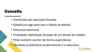 Conceito
• Conhecida por execução forçada;
• Estado-juiz age para que o direito se efetive;
• Natureza coercitiva;
• Finalidade: Satisfação forçada de um direito de crédito;
• Pode também ocorrer de forma espontânea;
• Atividade jurisdicional predominante é a executiva.
 