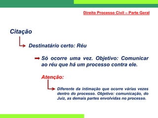Citação
Destinatário certo: Réu
Só ocorre uma vez. Objetivo: Comunicar
ao réu que há um processo contra ele.
Atenção:
Diferente da intimação que ocorre várias vezes
dentro do processo. Objetivo: comunicação, do
Juiz, as demais partes envolvidas no processo.
Direito Processo Civil – Parte Geral
 
