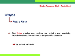 Citação
Real e Ficta.
São fictas aquelas que realizam por edital e por mandado,
quando realizada por hora certa, porque o réu se oculta.
As demais são reais
Direito Processo Civil – Parte Geral
 