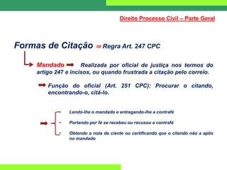 Formas de Citação ⇒ Regra Art. 247 CPC
Mandado Realizada por oficial de justiça nos termos do
artigo 247 e incisos, ou quando frustrada a citação pelo correio.
Função do oficial (Art. 251 CPC): Procurar o citando,
encontrando-o, citá-lo.
• Lendo-lhe o mandado e entregando-lhe a contrafé
• Portando por fé se recebeu ou recusou a contrafé
• Obtendo a nota de ciente ou certificando que o citando não a apôs
no mandado
Direito Processo Civil – Parte Geral
 